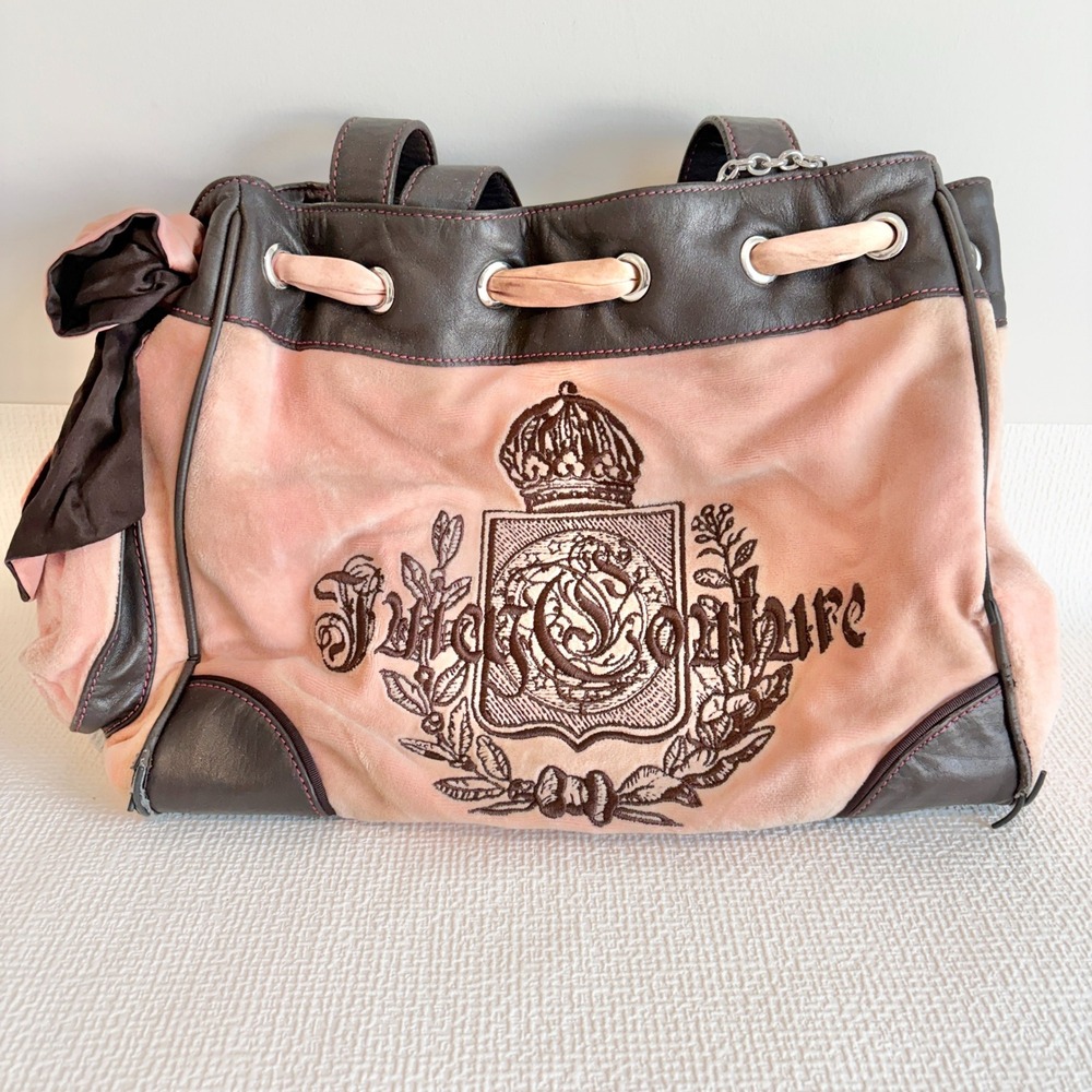 y2k rare Juicy Couture Daydreamer Tote Bag Pink Velour Y2K Brown Trim Large